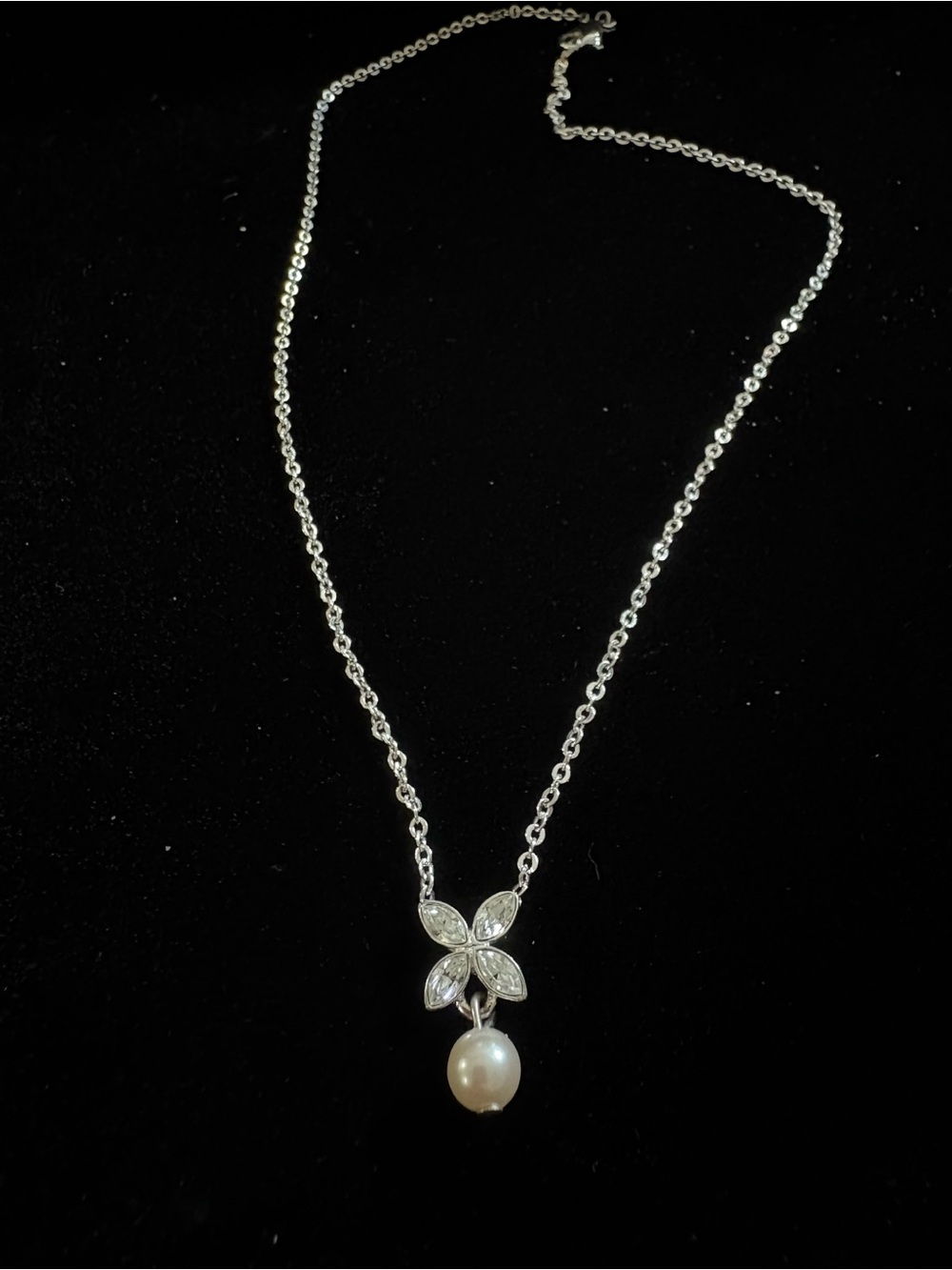 Sterling Silver Pearl Drop Necklace with Marquise Crystal Accent - White